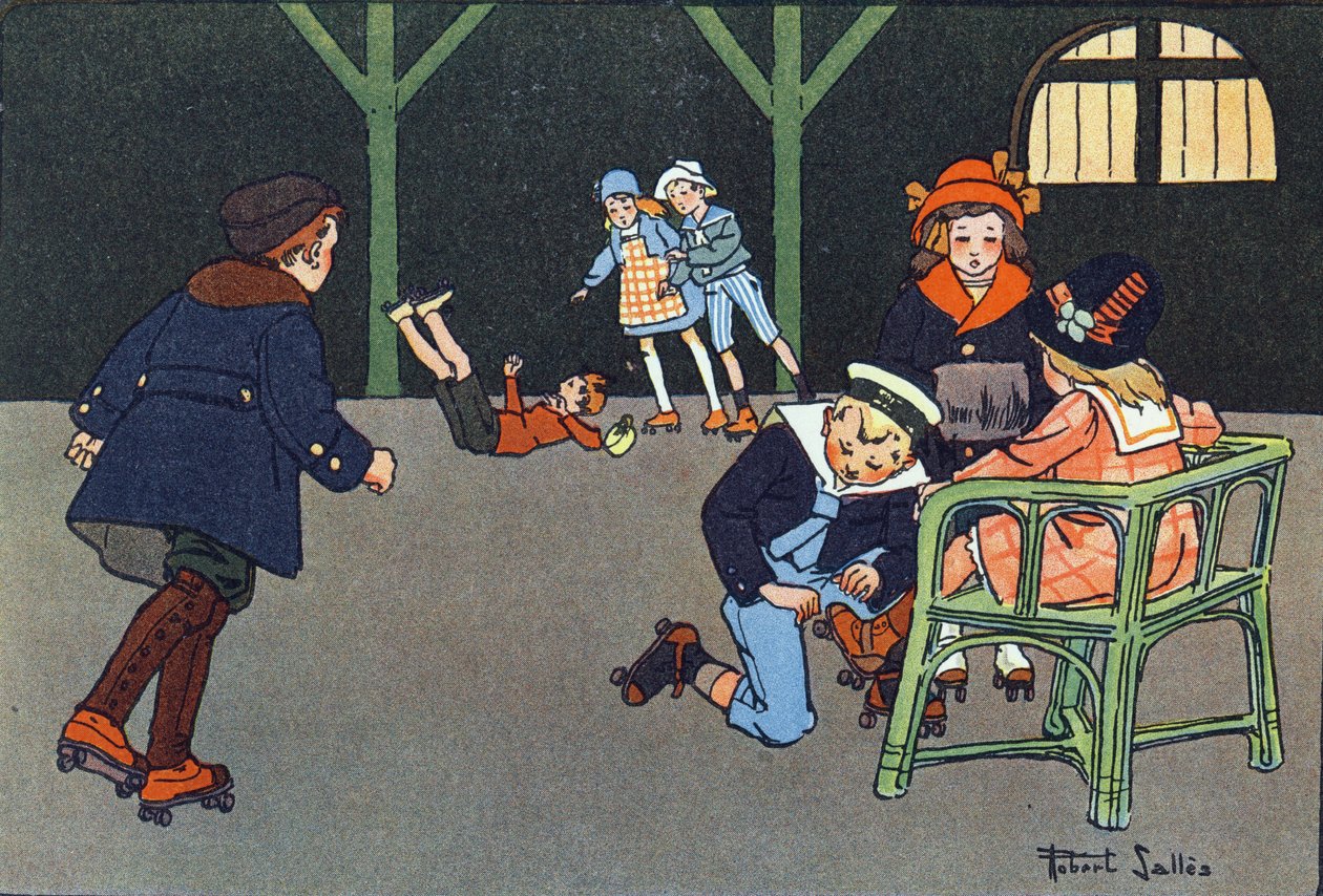Jazda na rolkach. Grawerowanie w „” W co gramy? „” E. Webera z rysunkami akwarelowymi Roberta Sallesa (1871-1929). Biblioteka Garnier Freres, Paryż autorstwa Robert Salles