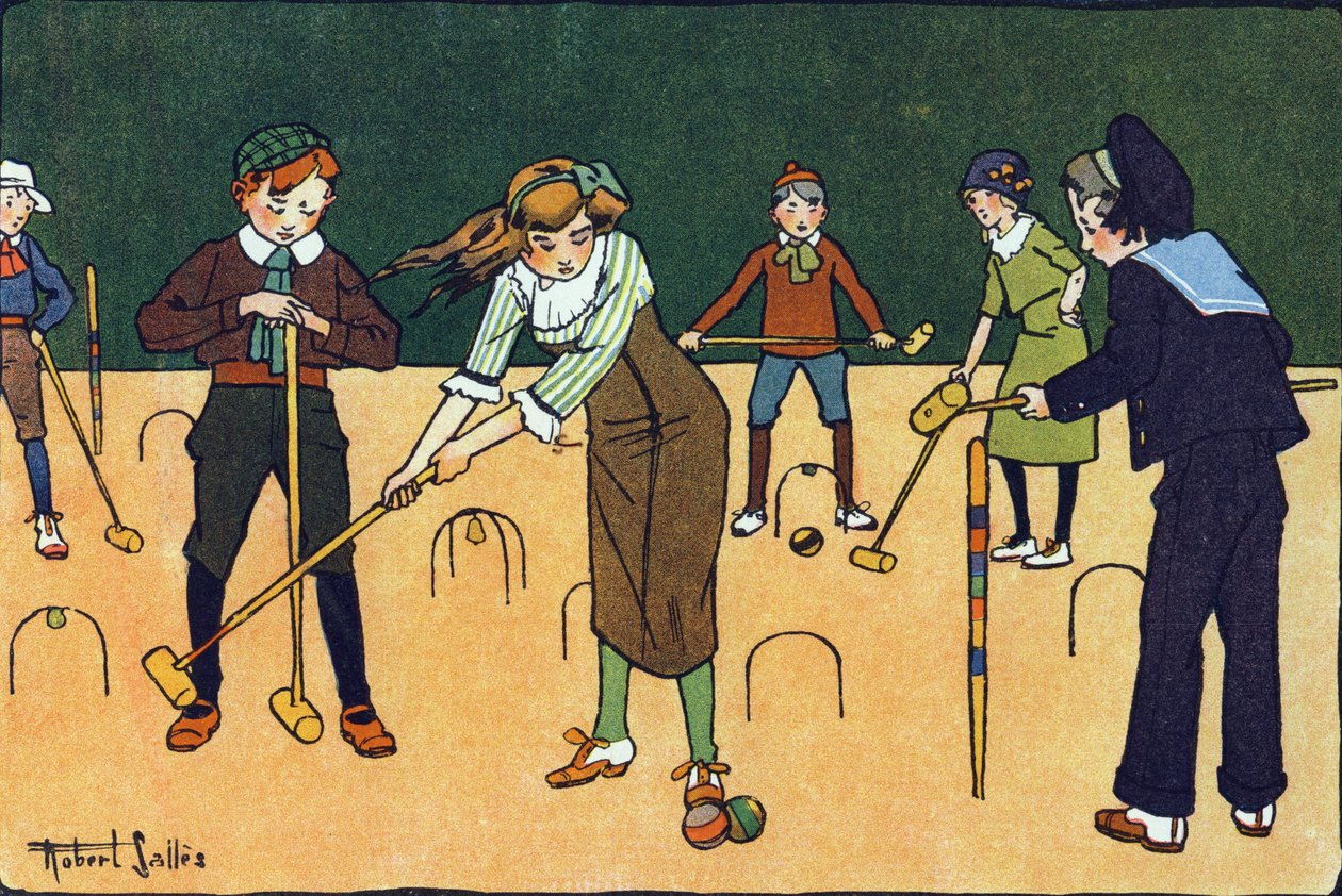 Krokiet. Grawerowanie w „” W co gramy? „” E. Webera z rysunkami akwarelowymi Roberta Sallesa (1871-1929). Biblioteka Garnier Freres, Paryż autorstwa Robert Salles