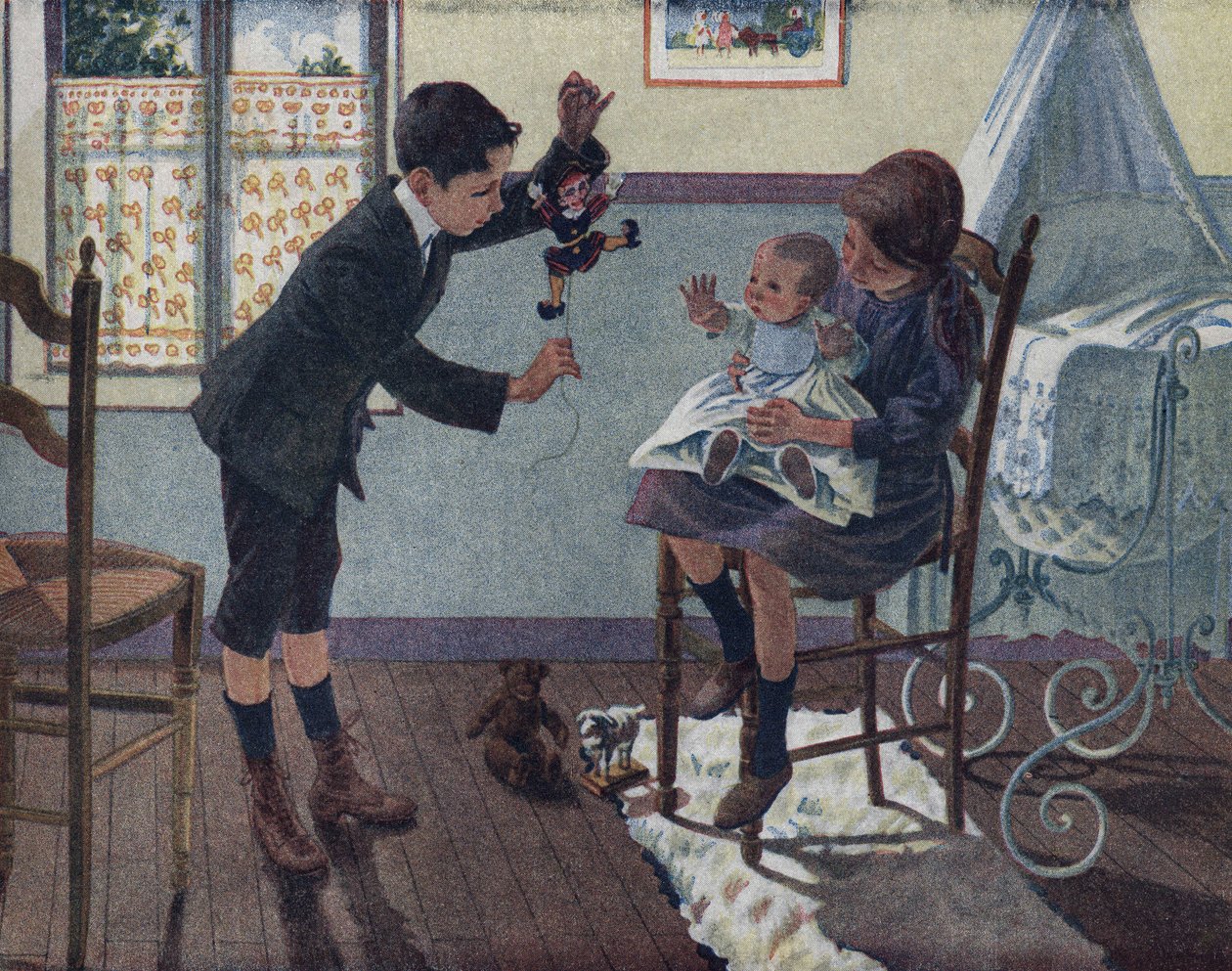 Edukacja młodszego brata: w pokoju dziecko siedzące na kolanach starszej siostry patrzy na kukiełkę, którą budzi jego brat. Ilustracja Roberta Sallesa (1871-1929) w „Je sais Lire”. autorstwa Robert Salles