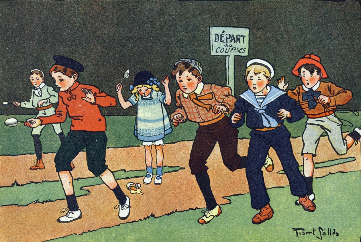 Wyścig jaj. Grawerowanie w „” W co gramy? „” E. Webera z rysunkami akwarelowymi Roberta Sallesa (1871-1929). Biblioteka Garnier Freres, Paryż autorstwa Robert Salles