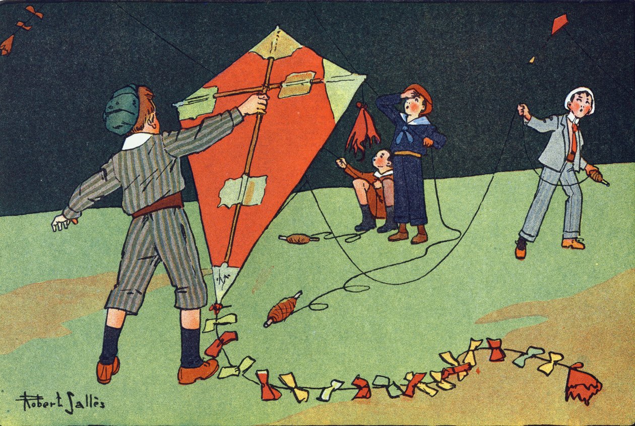 Latający latawiec. Grawerowanie w „” W co gramy? „” E. Webera z rysunkami akwarelowymi Roberta Sallesa (1871-1929). Biblioteka Garnier Freres, Paryż autorstwa Robert Salles