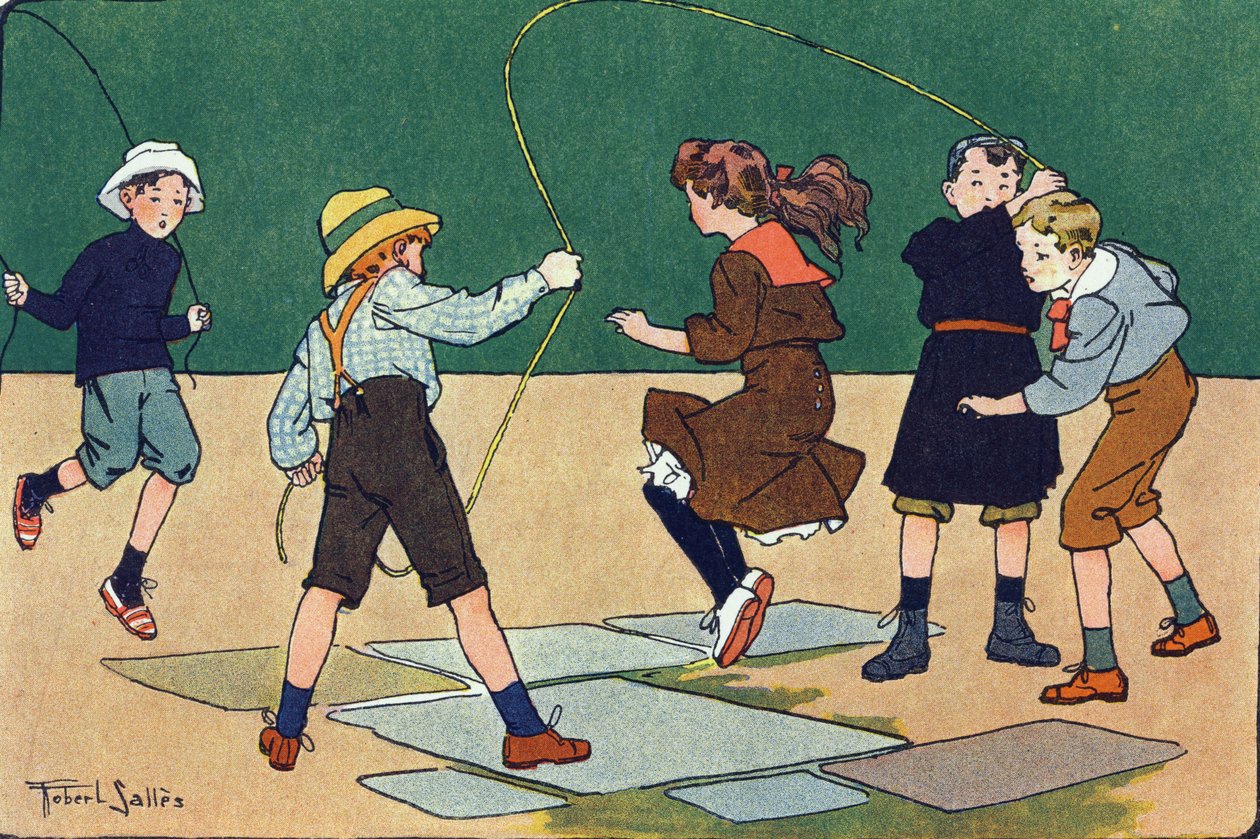 Skok ma linę. Grawerowanie w „” W co gramy? „” E. Webera z rysunkami akwarelowymi Roberta Sallesa (1871-1929). Biblioteka Garnier Freres, Paryż autorstwa Robert Salles