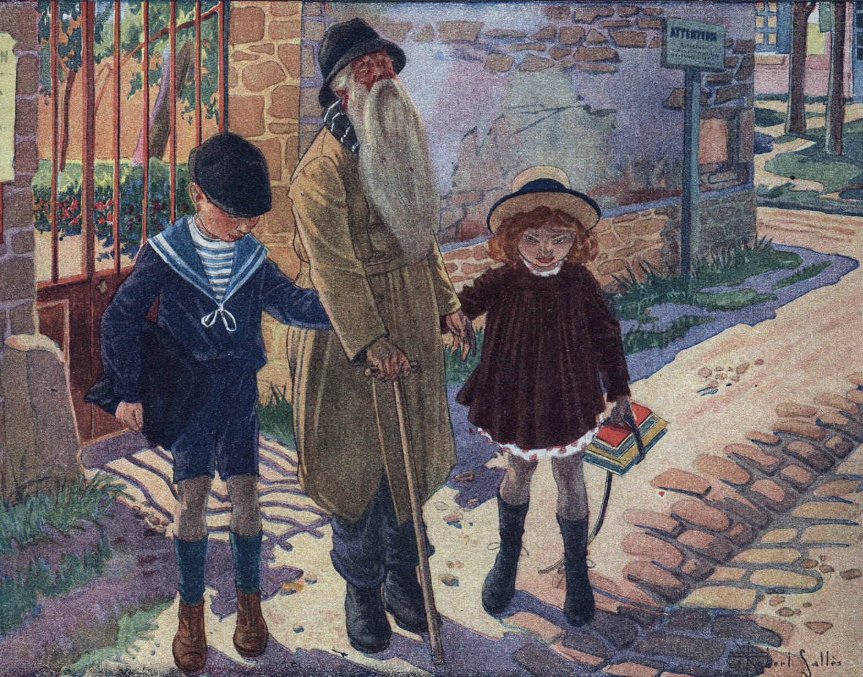 Kij niewidomych: dwoje dzieci pomaga niewidomemu staruszkowi chodzić. Ilustracja Roberta Sallesa (1871-1929) w „Je sais Lire”. autorstwa Robert Salles
