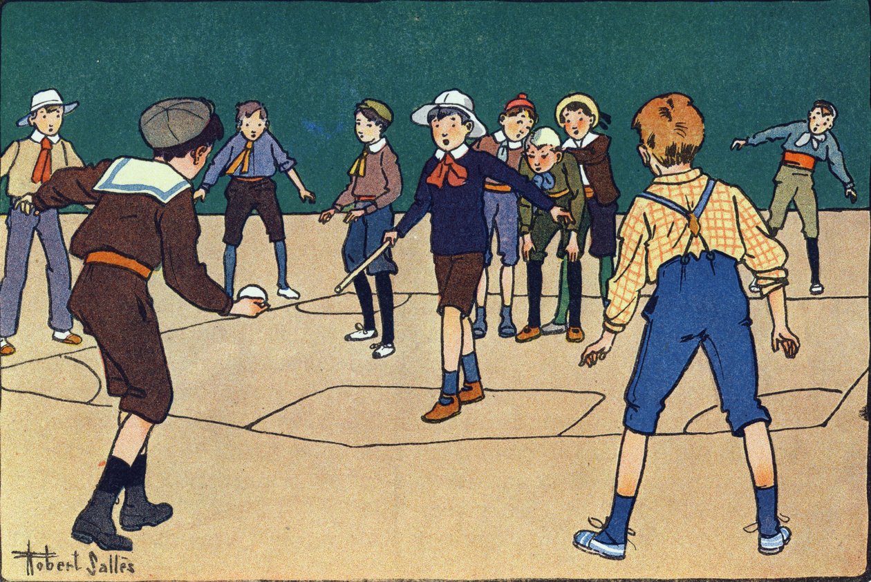 Theque (gra zespołowa z piłką i kijem). Grawerowanie w „” W co gramy? „” E. Webera z rysunkami akwarelowymi Roberta Sallesa (1871-1929). Biblioteka Garnier Freres, Paryż autorstwa Robert Salles