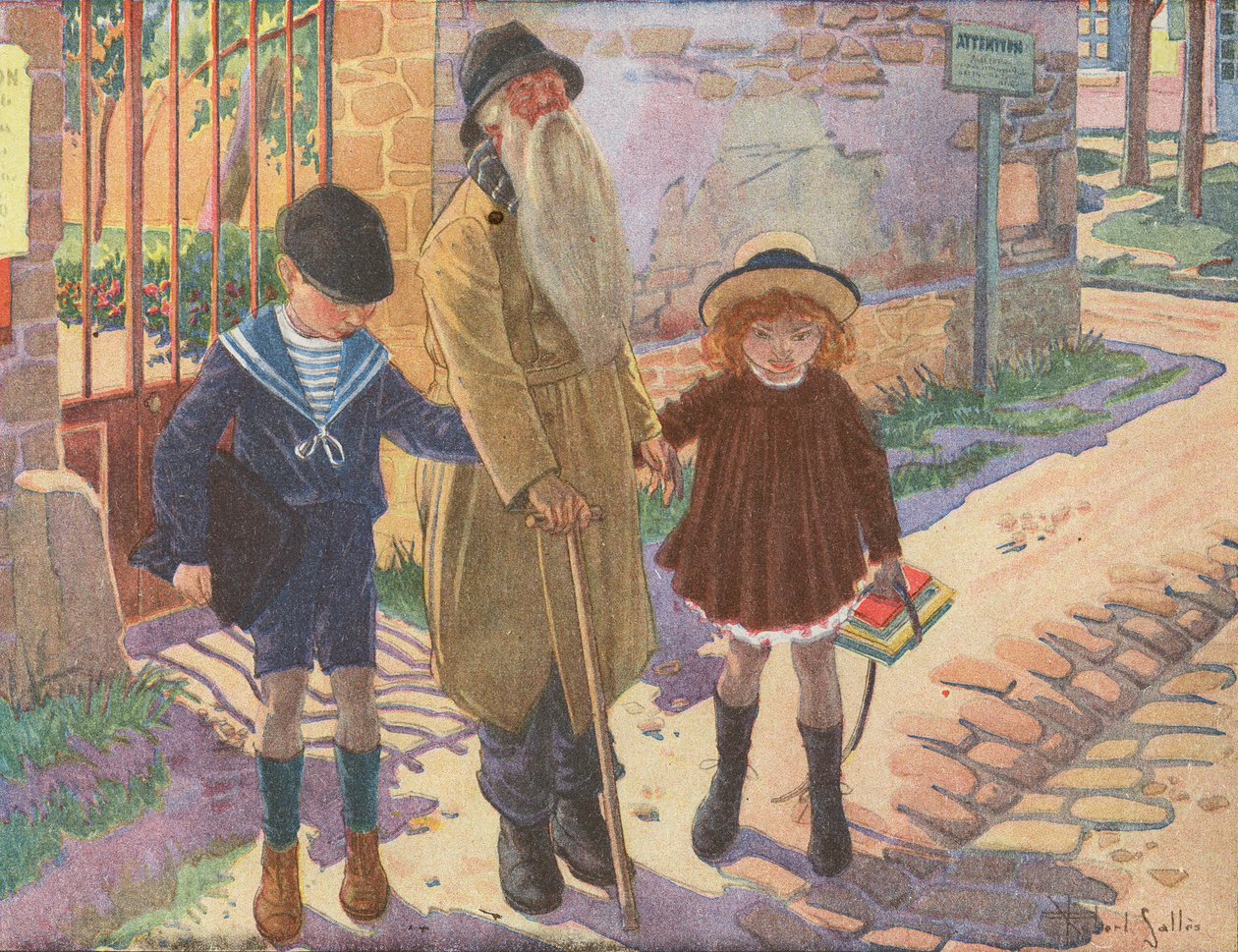 Dwoje dzieci pomaga niewidomemu staruszkowi, który zgubił laskę (kolorowa litografia) autorstwa Robert Salles