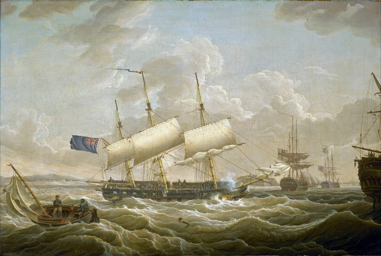 Fregata zakotwiczona na Mersey (rzeka w północno-zachodniej Anglii). Fort Perch Rock jest widoczny na horyzoncie. Olej na płótnie autorstwa Robert Salmon