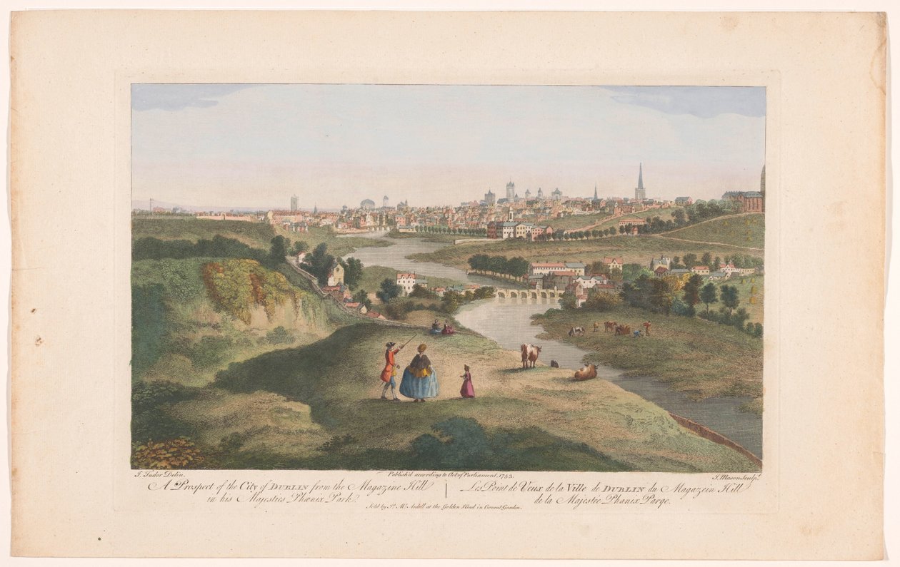 Widok na Dublin widziany z Phoenix Park Perspektywa miasta Dublin z Magazine Hill w His Majesties Phoenix Park (tytuł na obiekcie) autorstwa Robert Sayer (possibly)