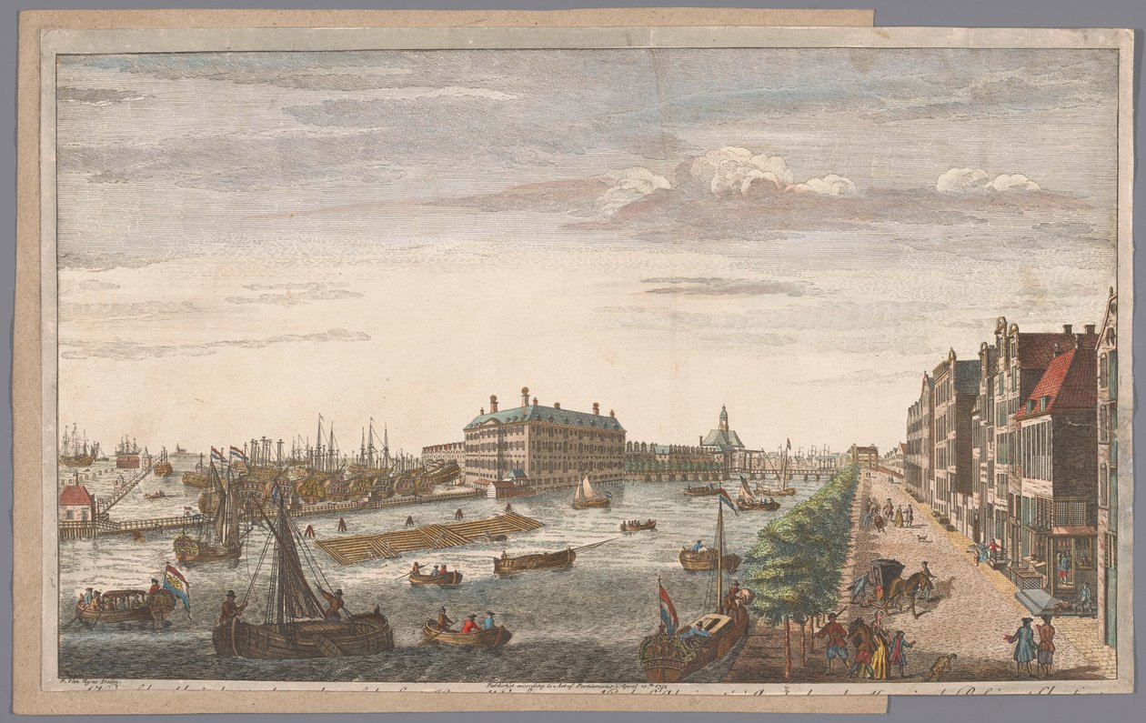 Gezicht op het Admiraliteitsmagazijn te Amsterdam Widok Admiralicji w Amsterdamie, należących do niej magazynów, nabrzeży i doków oraz Kompanii Wschodnioindyjskiej Holandii (tytuł na obiekcie) autorstwa Robert Sayer (possibly)