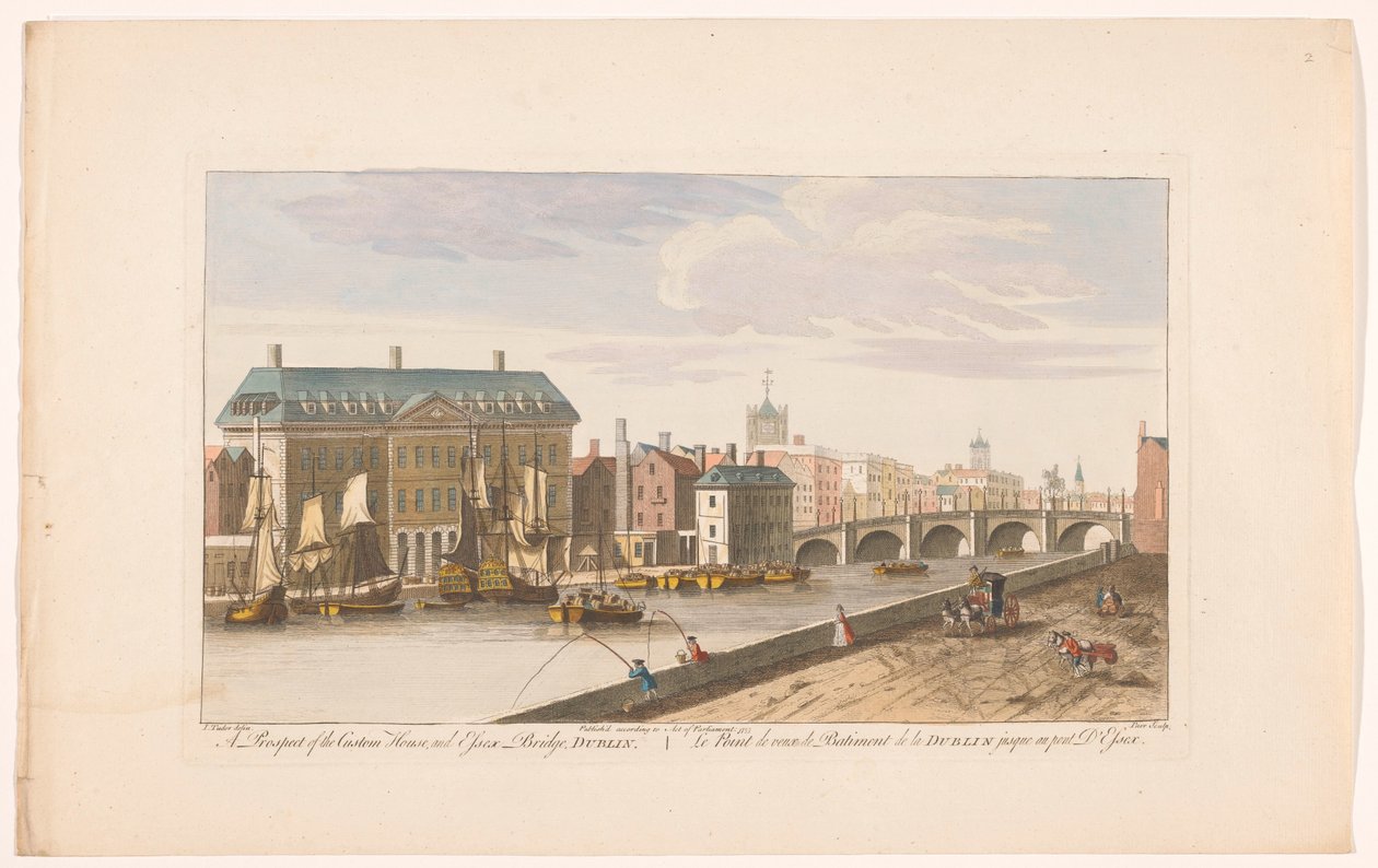 Widok na Custom House i Essex Bridge nad rzeką Liffey w Dublinie Perspektywa Custom House i Essex Bridge, Dublin (tytuł na obiekcie) autorstwa Robert Sayer (possibly)