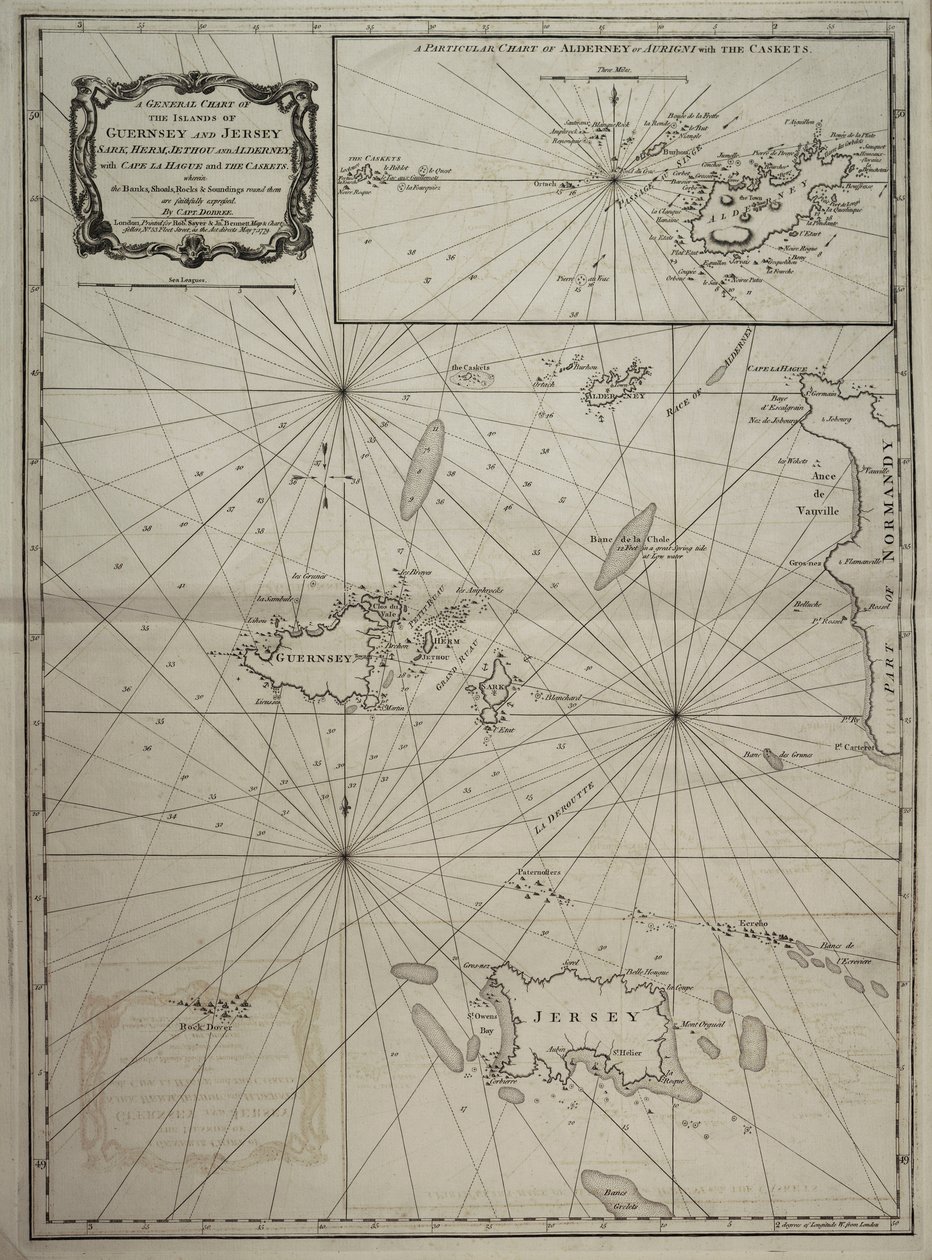 Ogólna mapa wysp Guernsey i Jersey, Sark, Herm, Jethou i Alderney, z Przylądkiem la Hague i Kasetami autorstwa Robert Sayer