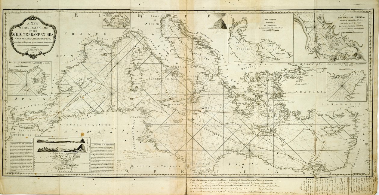 Nowa i dokładna mapa Morza Śródziemnego z najnowszych badań, ustalona i uregulowana przez obserwacje astronomiczne autorstwa Robert Sayer