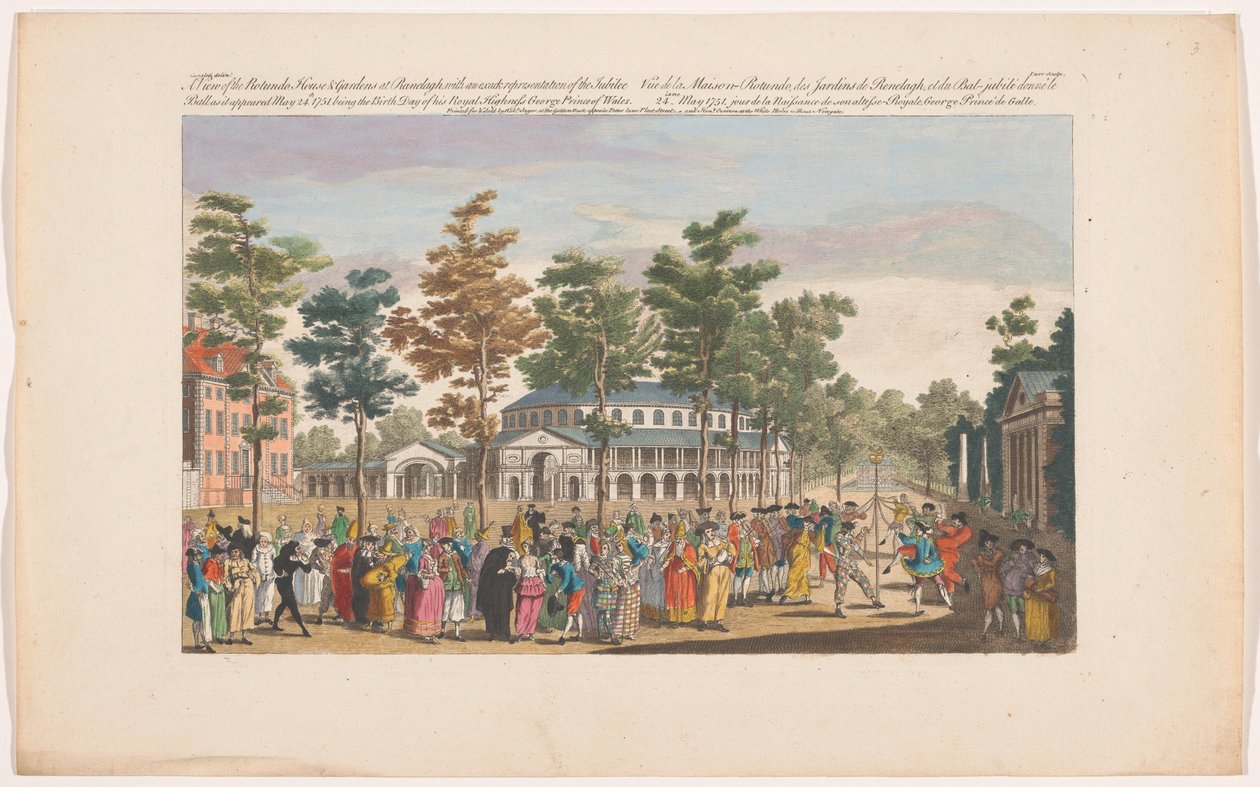 Widok rotundy w Ranelagh Gardens w Londynie z balem maskowym z okazji urodzin księcia Walii 24 maja 1751 r. Widok na Rotundo, House & Gardens w Ranelagh, z dokładnym przedstawieniem balu jubileuszowego, ponieważ jest to autorstwa Robert Sayer