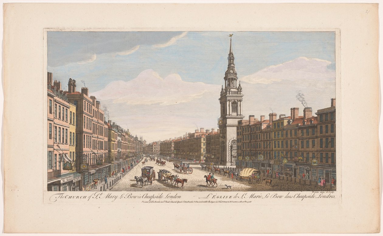 Widok na kościół Saint Mary-le-Bow na ulicy Cheapside w Londynie Kościół St Mary le Bow w Cheapside London (tytuł na obiekcie) Londyn (tytuł serii) autorstwa Robert Sayer