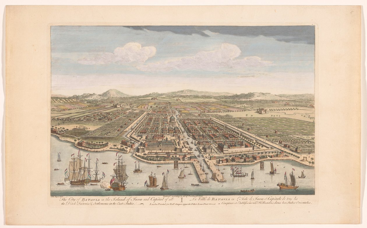 Gezicht op de stad Batavia Miasto Batavia na wyspie Jawa i stolica wszystkich holenderskich fabryk i osad w Indiach Wschodnich (tytuł na obiekcie) Nederzettingen van de VOC (tytuł serii) autorstwa Robert Sayer