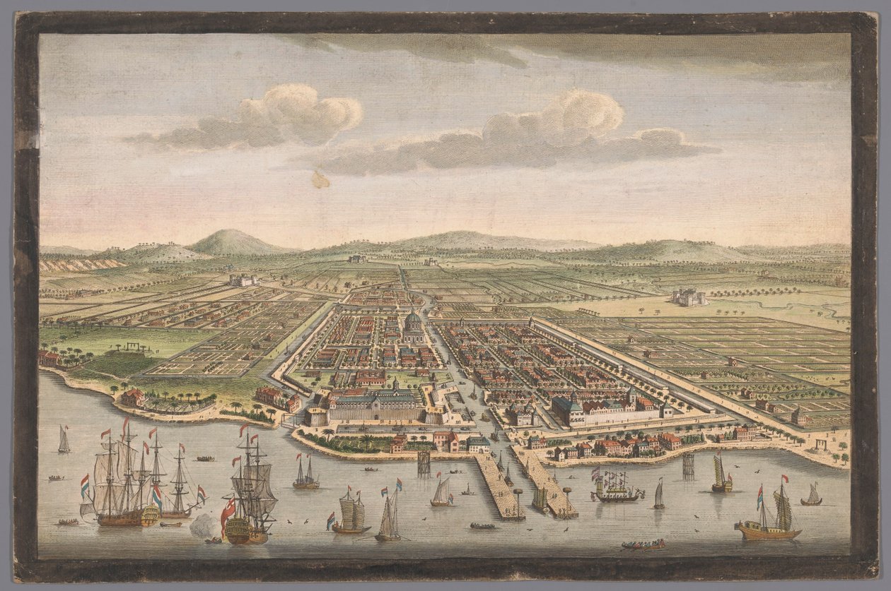Gezicht op de stad Batavia Miasto Batavia na wyspie Jawa i stolica wszystkich holenderskich fabryk i osad w Indiach Wschodnich (tytuł na obiekcie) Nederzettingen van de VOC (tytuł serii) autorstwa Robert Sayer
