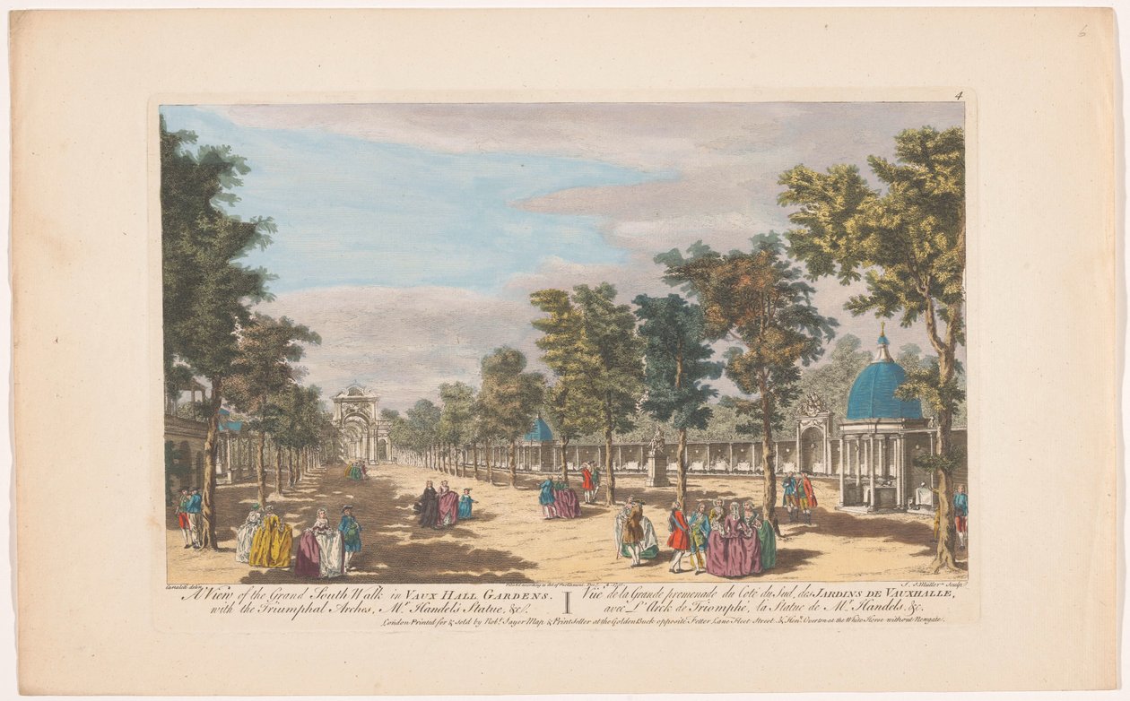 Widok na aleję z łukiem triumfalnym w Vauxhall Gardens w Londynie Widok na wielki południowy spacer w Vauxhall Gardens. Z łukami triumfalnymi, panie Posąg Haendla itd. (tytuł na obiekcie) Ranelagh Gardens i Vauxhall Gardens (tytuł serii) autorstwa Robert Sayer
