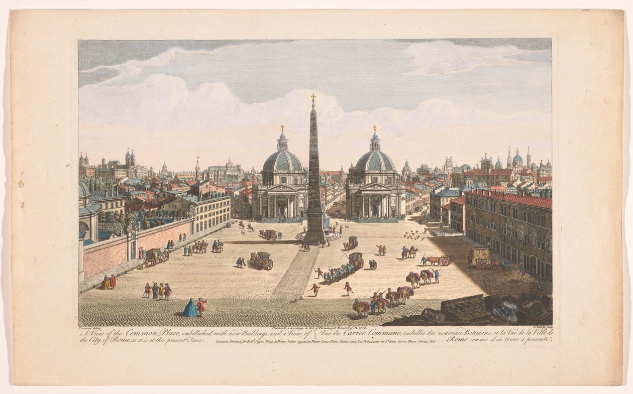 Gezicht op het Piazza del Popolo te Rome Widok Wspólnego Miejsca, ozdobionego nowymi budynkami i widok miasta Rzymu, takiego, jakie jest obecnie (tytuł na obiekcie) Rzym (tytuł serii) autorstwa Robert Sayer