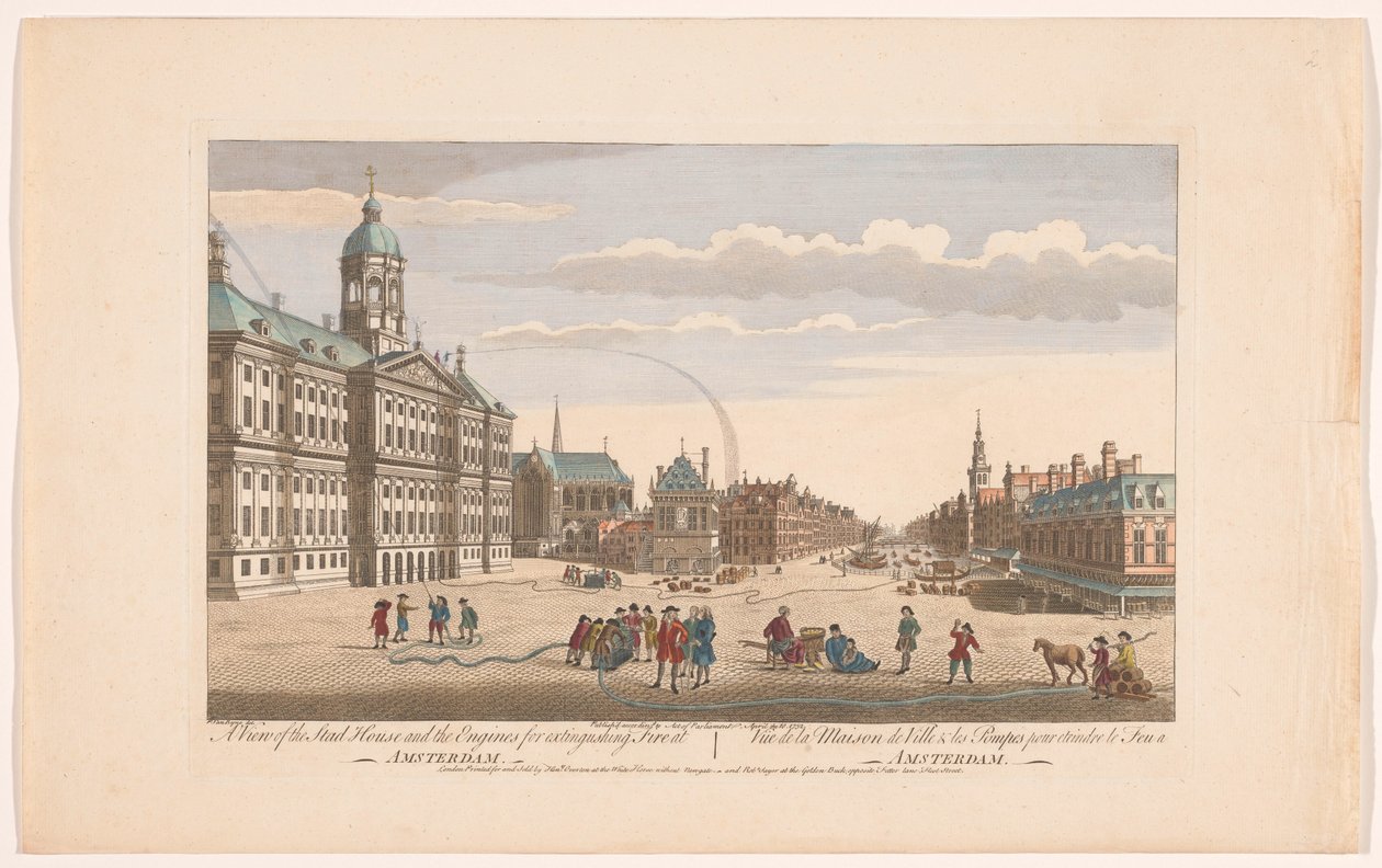 Widok ratusza w Amsterdamie ze strażakami na placu Dam Widok na Stad House i maszyny do gaszenia pożaru w Amsterdamie (tytuł na obiekcie) Holandia (tytuł serii) autorstwa Robert Sayer