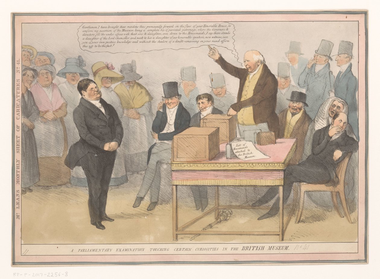 Spotprent nad de British Museum Egzamin parlamentarny dotyczący niektórych ciekawostek w British Museum (tytuł na obiekcie) Miesięczny arkusz karykatur nr 41. (tytuł na obiekcie) autorstwa Robert Seymour (possibly)