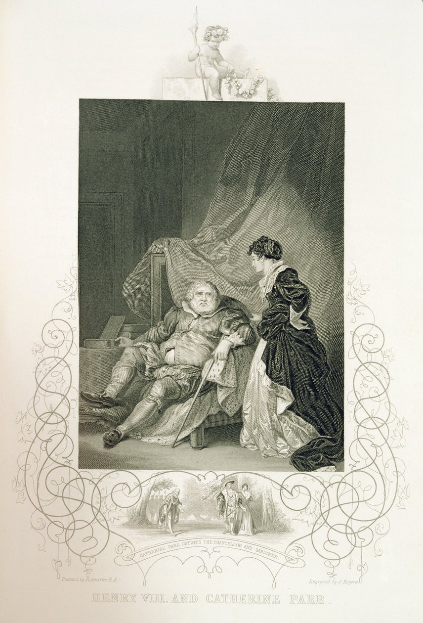 Henryk VIII i Katarzyna Parr, w sztuce Henryk VIII lub „Wszystko jest prawdą” Williama Szekspira (1564-1616) rytowanej przez J. Rogersa autorstwa Robert Smirke