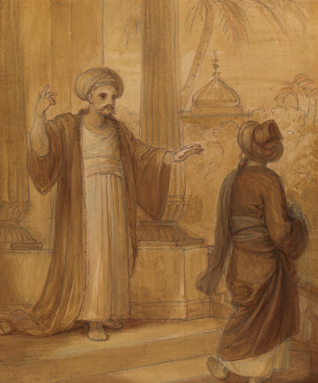 Ilustracja do wschodniego romansu, prawdopodobnie „Baśni i jednej nocy”, z dwoma stojącymi postaciami męskimi autorstwa Robert Smirke