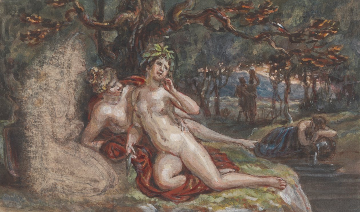 Leśna scena z parą leżącą pod drzewem nad strumieniem autorstwa Robert Smirke