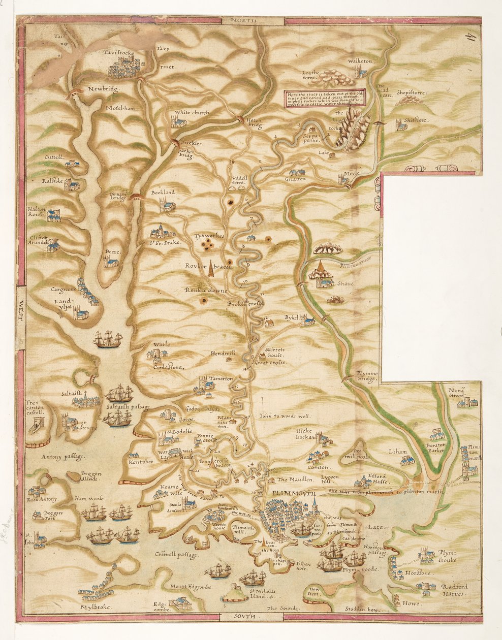 Kolorowa mapa portu w Plymouth i kraju aż do Tavistocku; narysowany prawdopodobnie przez Roberta Spry autorstwa Robert Spry
