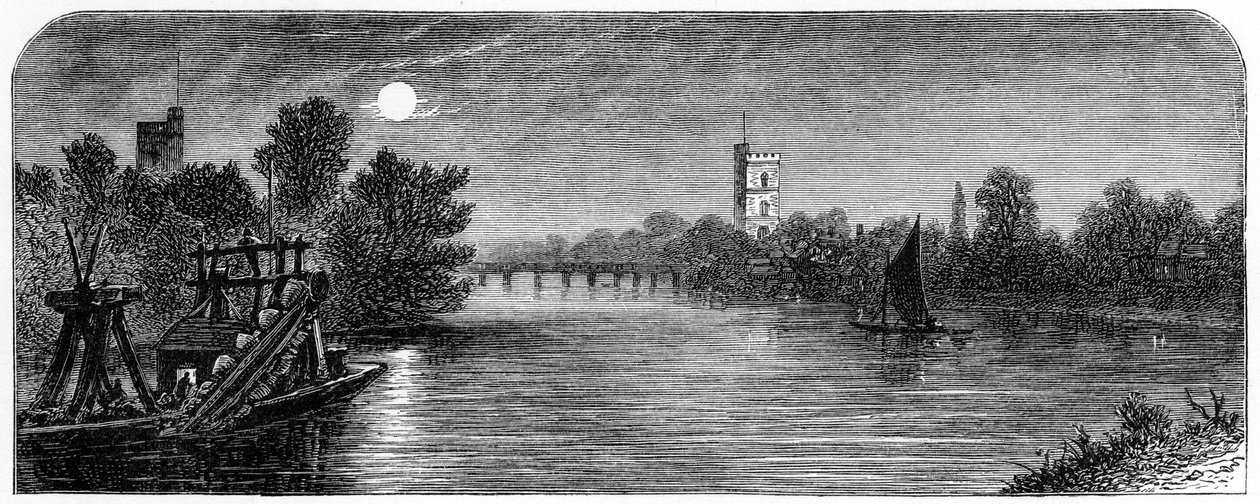 Putney Bridge i kościół przy Moonlight, 1880 autorstwa Robert Taylor Pritchett