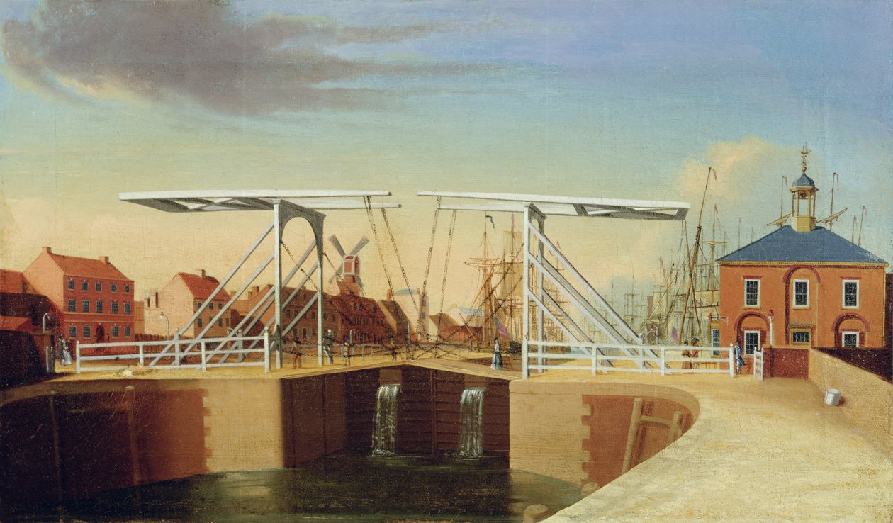 Wschodni widok mostu i nowego doku w Kingston upon Hull (olej na płótnie) autorstwa Robert Thew