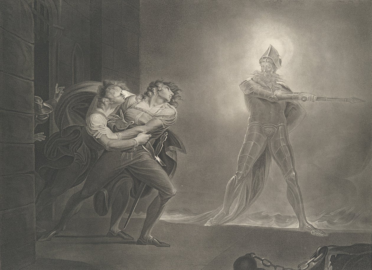 Hamlet, Horatio, Marcellus and the Ghost Shakespeare, Haml..., pierwsze wydanie 1796, wznowienie 1852. autorstwa Robert Thew