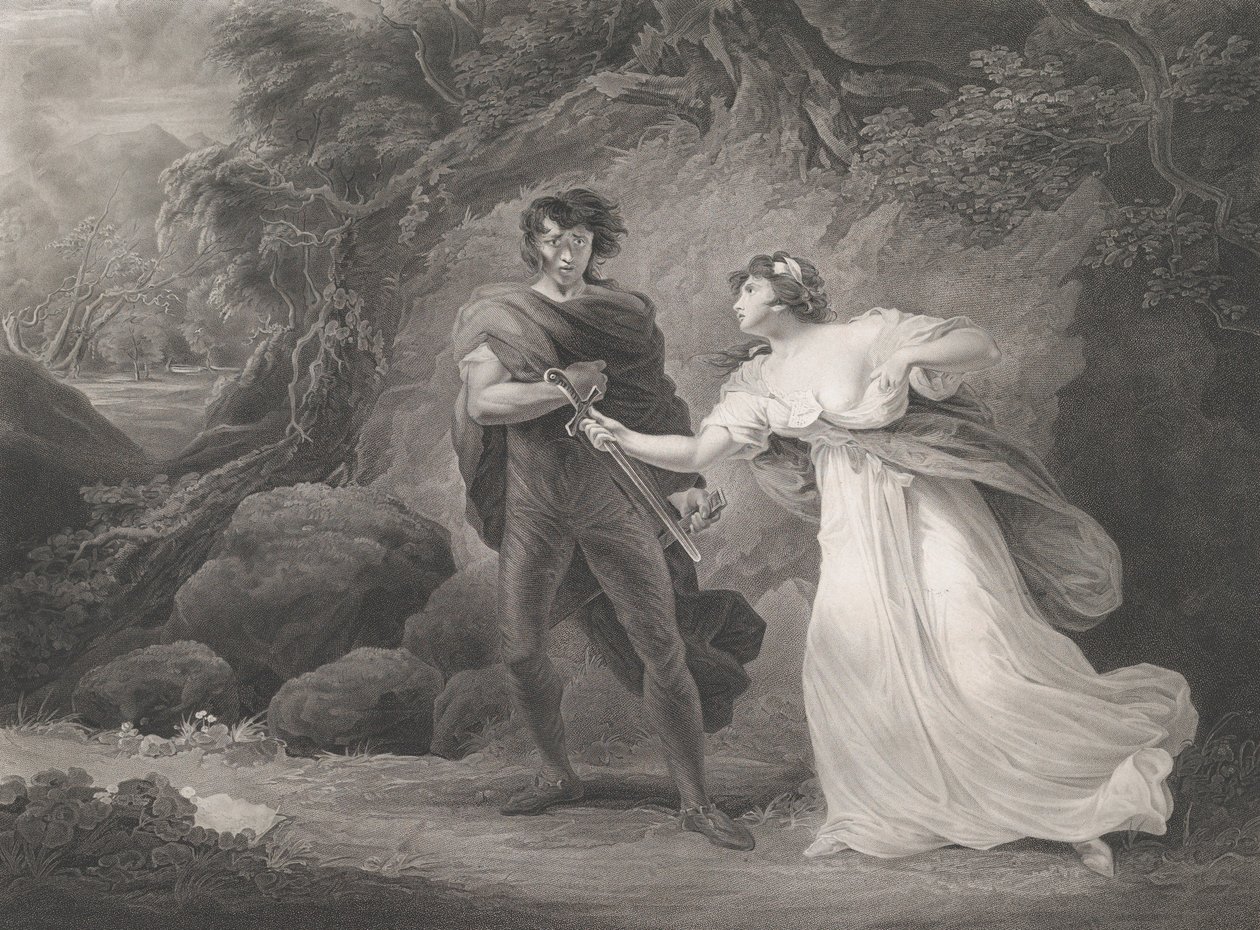 Pisanio and Imogen Shakespeare, Cymbeline, Act 3, Scene 4..., po raz pierwszy opublikowane w 1801, wznowione w 1852. autorstwa Robert Thew