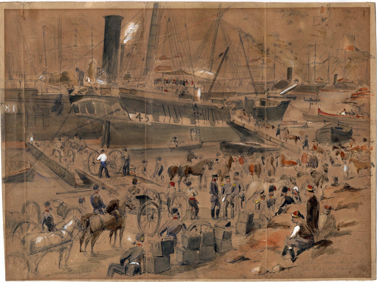 Zaokrętowanie artylerii na pokład „Argo”, w Bałakławie, maj 1856 – Zaokrętowanie artylerii na pokład „Argo”. Kominiarka, maj 1856 przez Landells, Robert Thomas (1833-1877) autorstwa Robert Thomas Landells