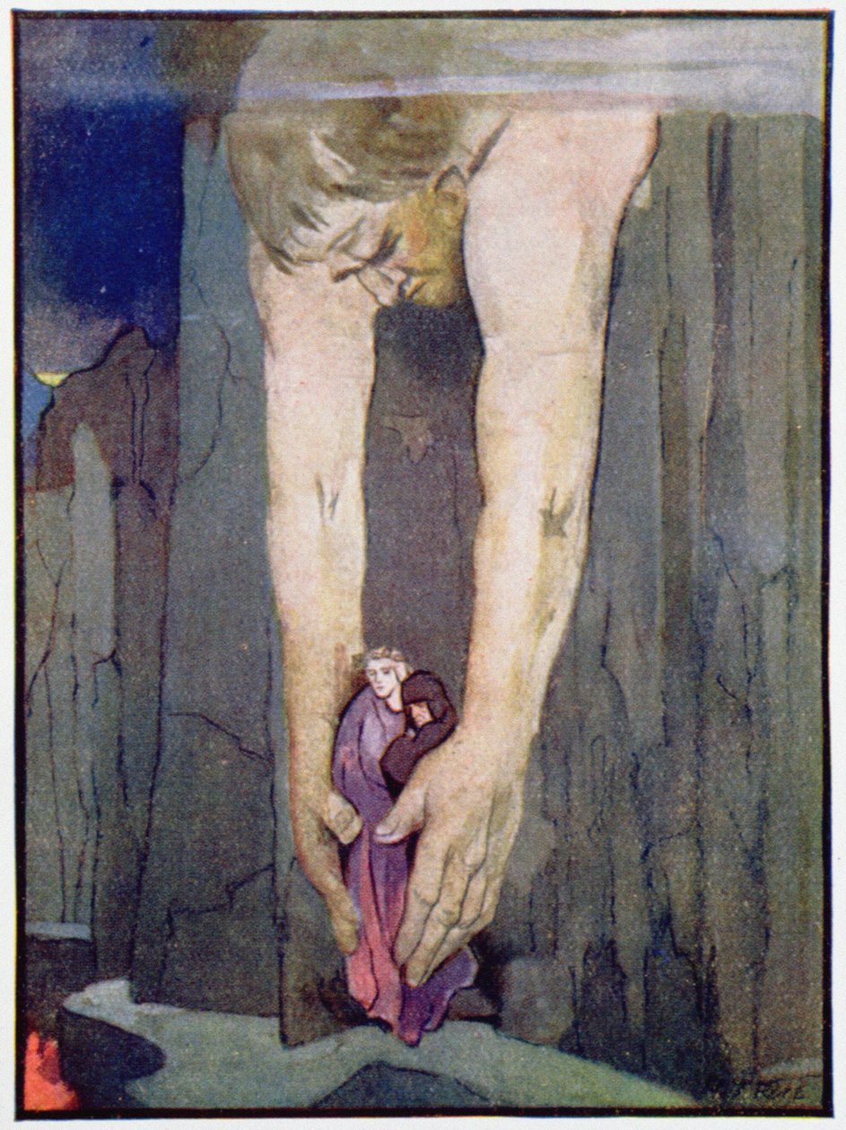 Antaeus stawiający Wergiliusza i Dantego w ostatnim kręgu piekieł, ok. 1910 (kolor lito) autorstwa Robert Traill Rose