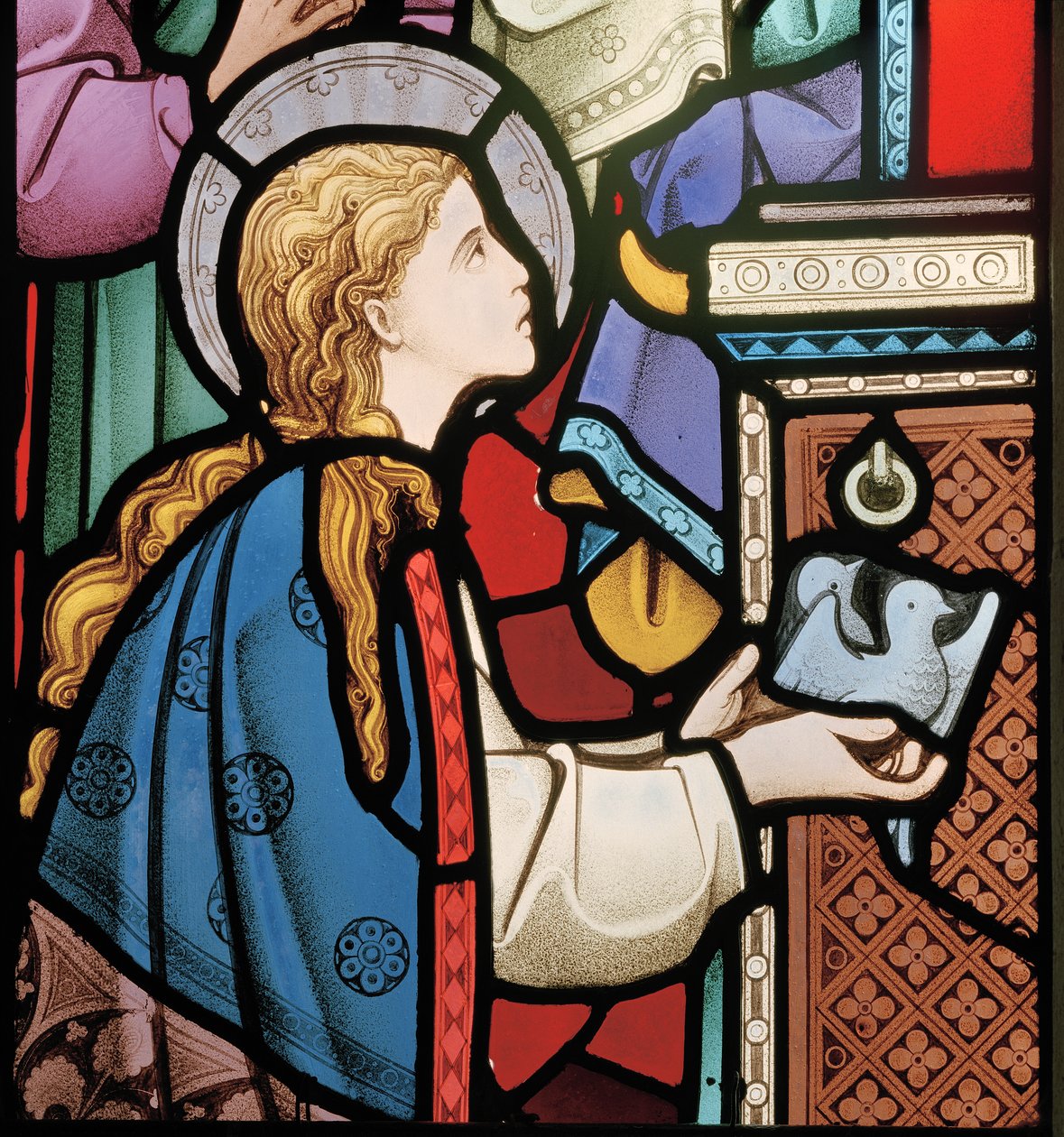 Maryja ofiarująca gołębie w świątyni, fragment okna wschodniego, 1864 (witraż) autorstwa Robert Turnill Bayne