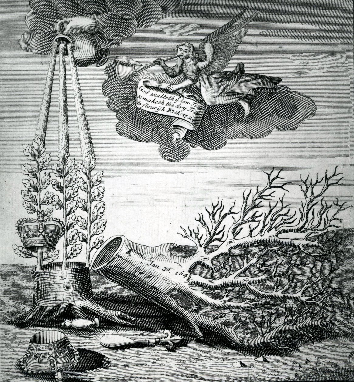 Druk emblematyczny nawiązujący do egzekucji Karola I i sukcesji Stuartów, 1715 r. autorstwa Robert Vaughan