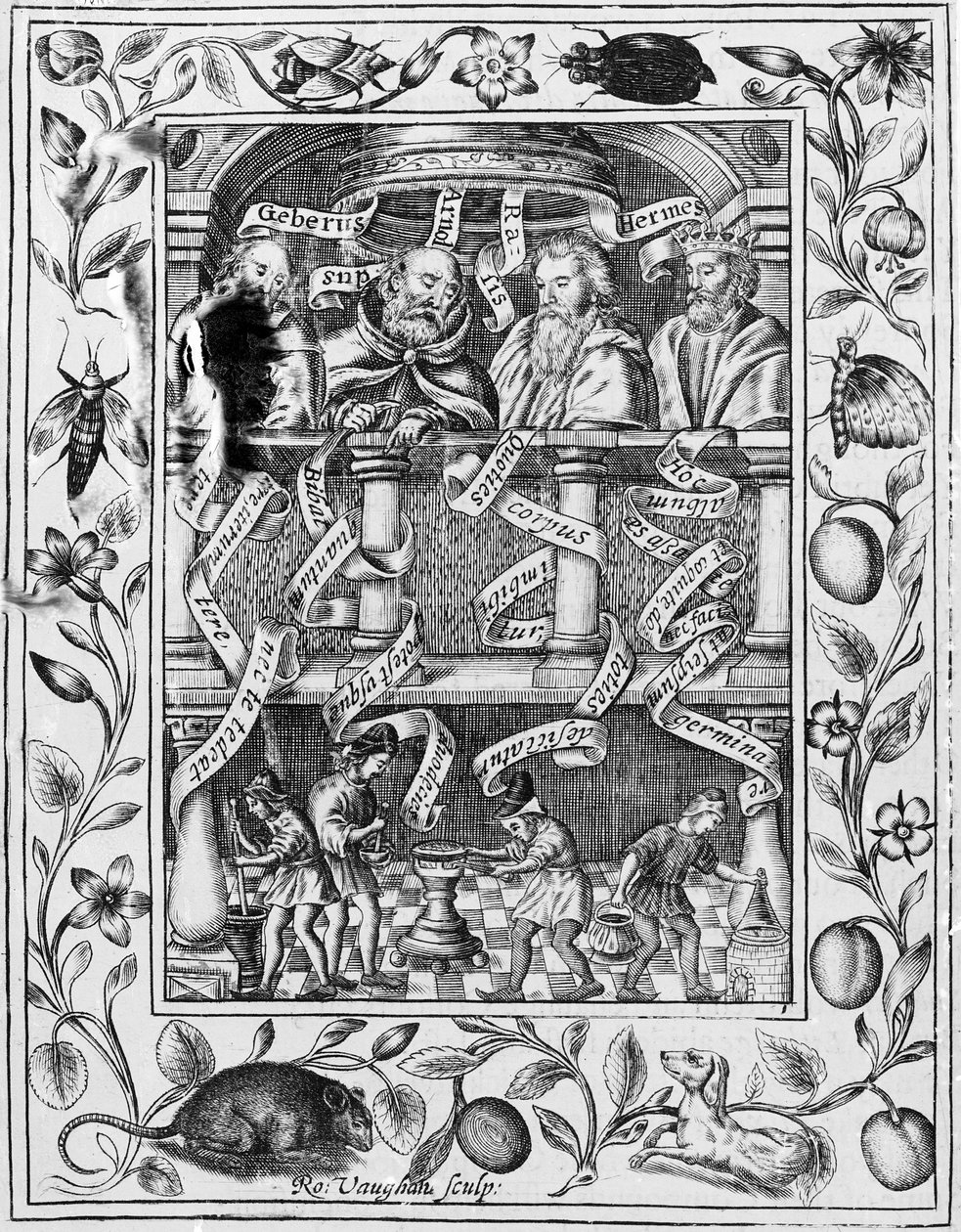 Wielcy alchemicy inspirują pracę w laboratorium z Theatrum Chemicum Britannicum, 1652 autorstwa Robert Vaughan