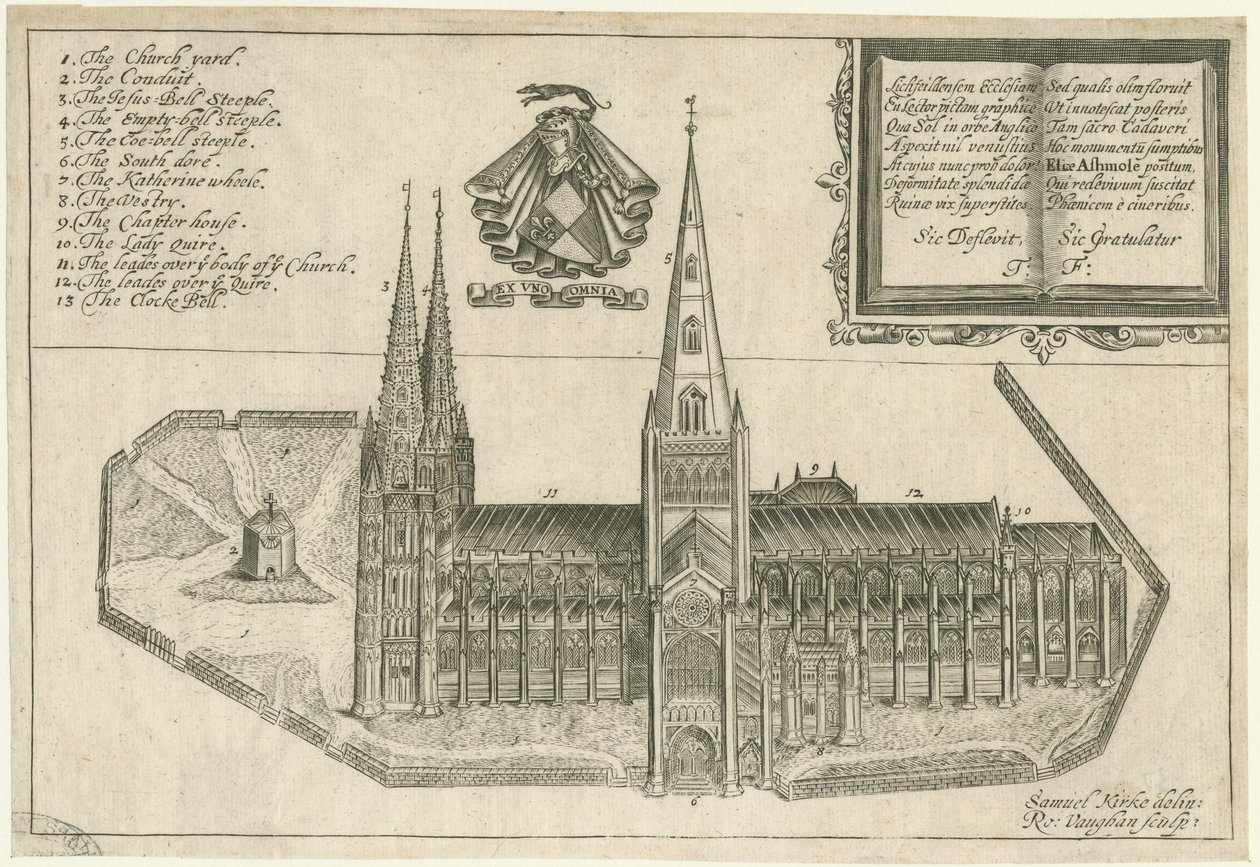 Katedra w Lichfield - widok na południe: miedzioryt i [XVII wiek] autorstwa Robert Vaughan
