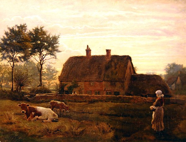 Wypas bydła przy domku krytym strzechą o zachodzie słońca autorstwa Robert Walker Macbeth