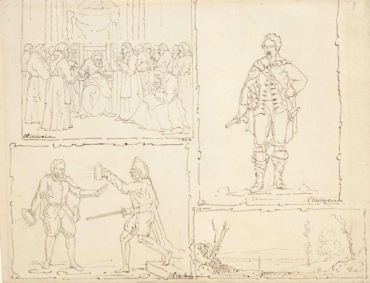 Cztery szkice, 1824 (długopis i brązowy tusz na buff lay paper) autorstwa Robert Walter Weir