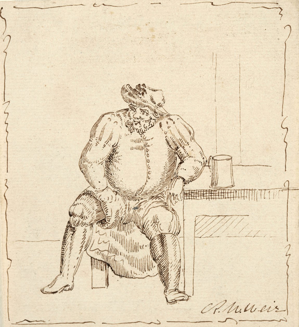Szkic siedzącego mężczyzny z kubkiem, prawdopodobnie Falstaff autorstwa Robert Walter Weir
