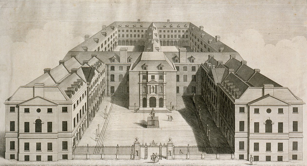 Widok z lotu ptaka na szpital Guys, Southwark, z figurami na dziedzińcu, grawerowanymi przez Williama Henry