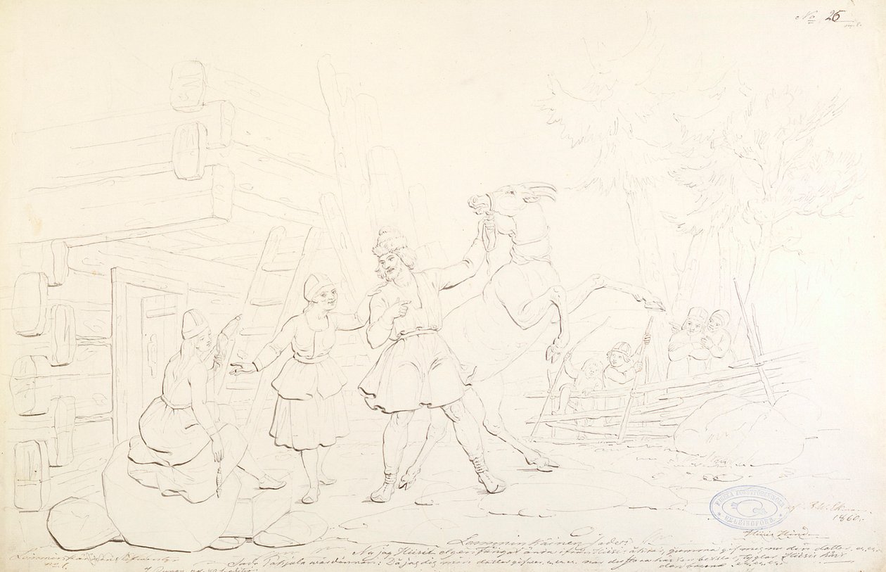 Lemminkäinen i Hiiden Hirvi ; Oryginalny rysunek do serii "Kalewala, Finsk National-dikt, framställd i teckningar af R.W.Ekman". autorstwa Robert Wilhelm Ekman