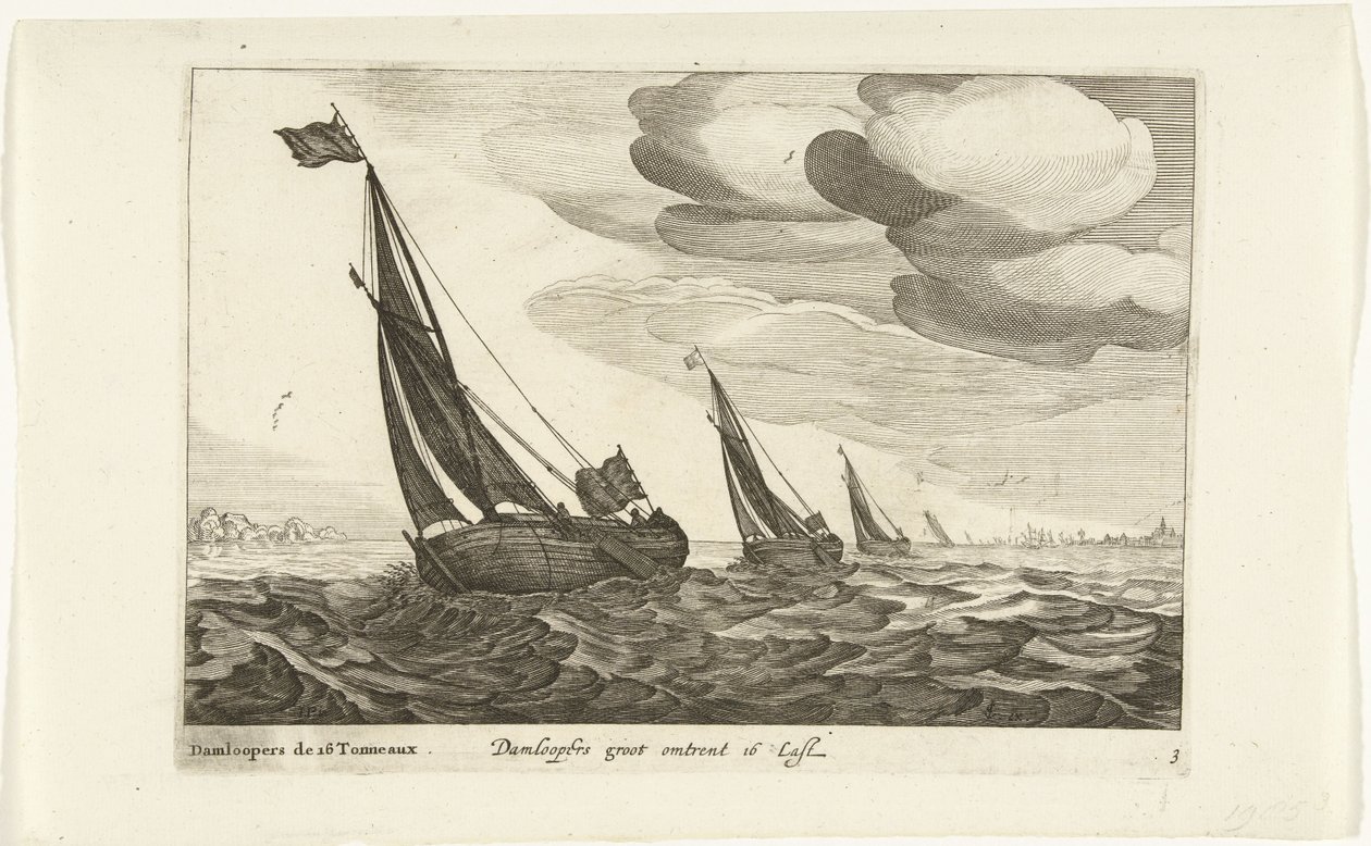 Damloopery Damloopers groot około 16 Last / Damloopers de 16 Tonneaux (tytuł na obiekcie) Hollandse scheepstypen, 1627 (tytuł serii) Różne statki Don ton se sert dans les United Provinces / Ikony różnych holenderskich statków, których użycie dotyczy główni autorstwa Robert de Baudous (possibly)