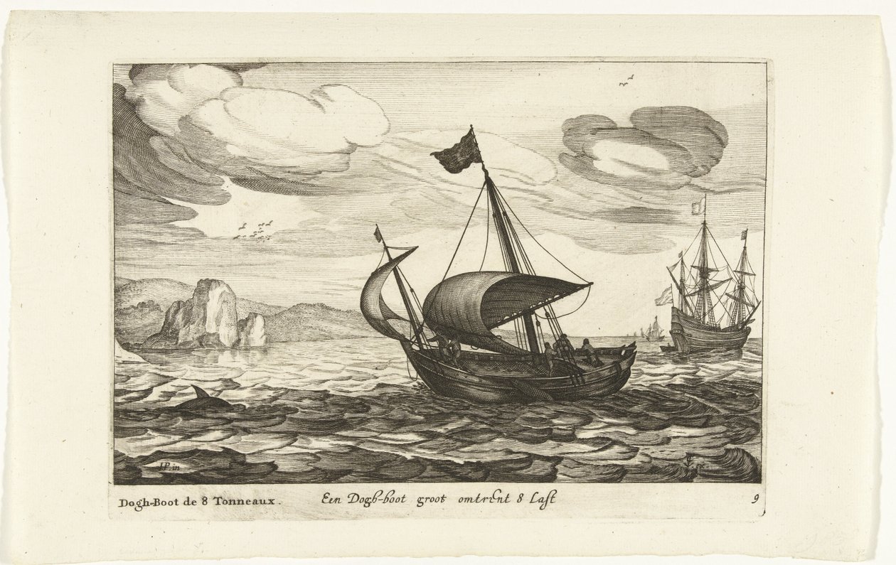 Dogger z psiego buta Een Dogh-boot groot about 8 Last / Dogh-Boot de 8 Tonneaux (tytuł na obiekcie) Hollandse scheepstypen, 1627 (tytuł serii) Różne statki Don ton se sert dans les Unies Prowincje / Ikony różnych holenderskich statków, których użycie jest  autorstwa Robert de Baudous (possibly)