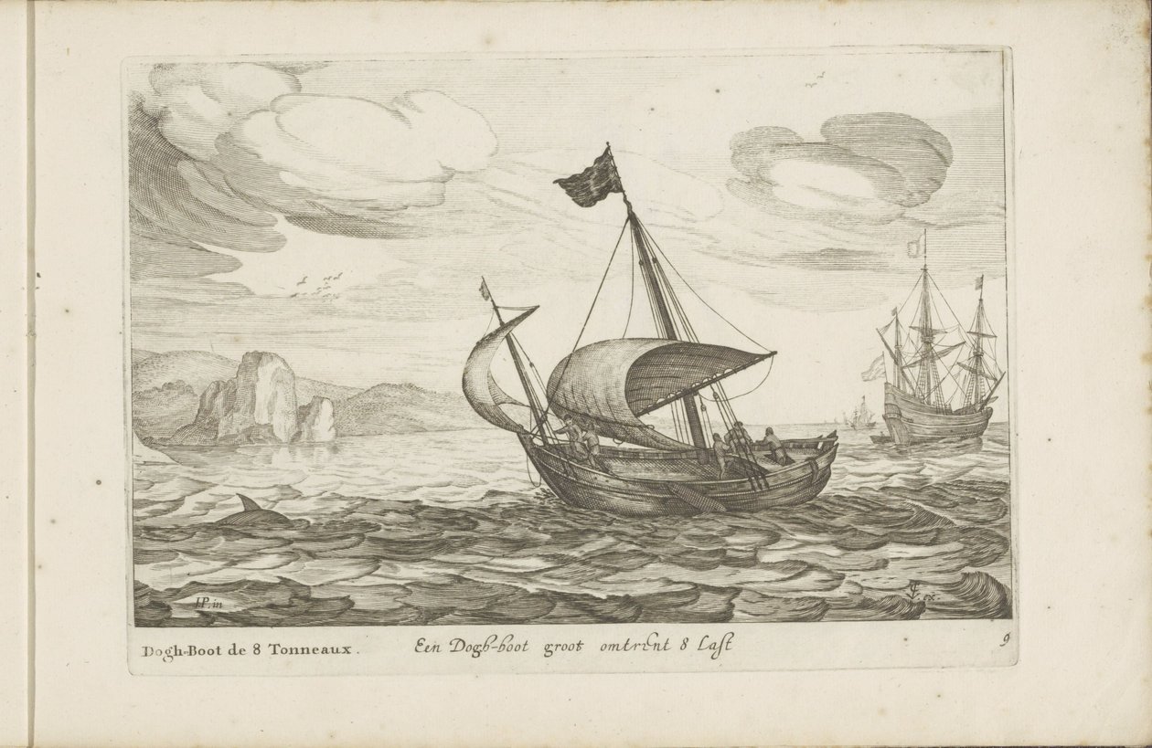 Dogger z psiego buta Een Dogh-boot groot about 8 Last / Dogh-Boot de 8 Tonneaux (tytuł na obiekcie) Różnorodne statki nie znajdują się na se sert dans les Provinces Unies / Ikony różnych holenderskich statków, które pływają głównie na wodach wewnętrznych r autorstwa Robert de Baudous (possibly)