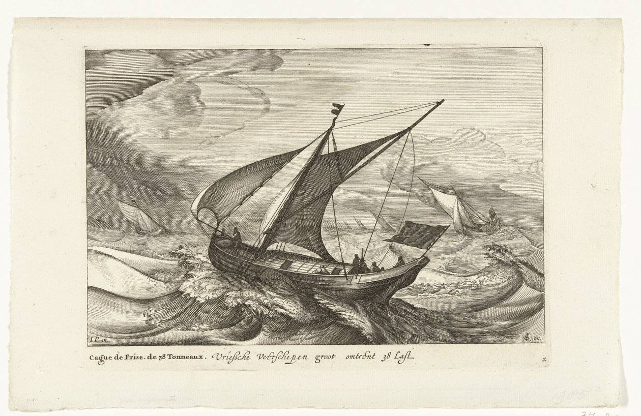 Promy fryzyjskie Vriesche Ferry statki duże około 38 Last / Cague de Frise. 38 Tonneaux (tytuł na obiekcie) Holenderskie typy statków, 1627 (tytuł serii) Diverse Navires Don ton se sert dans les Prowincje Unies / Icones Variarum Navium Hollandicarum autorstwa Robert de Baudous (possibly)