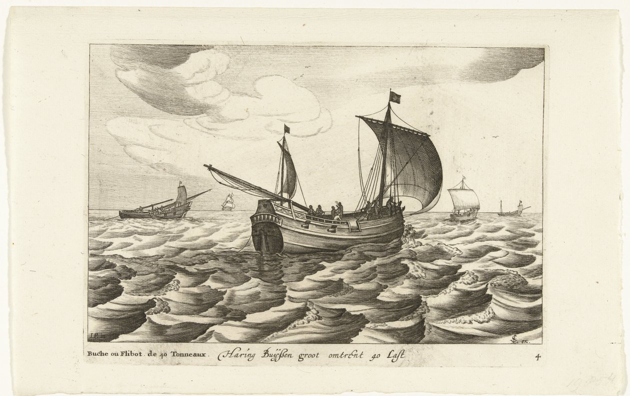 Haringbuizen Haring Buyssen groot około 40 Last / Buche ou Flibot de 40 Tonneaux (tytuł na obiekcie) Hollandse scheepstypen, 1627 (tytuł serii) Różne statki Don ton se sert dans les Unies Provinces / Ikony różnych holenderskich statków, których użycie autorstwa Robert de Baudous (possibly)