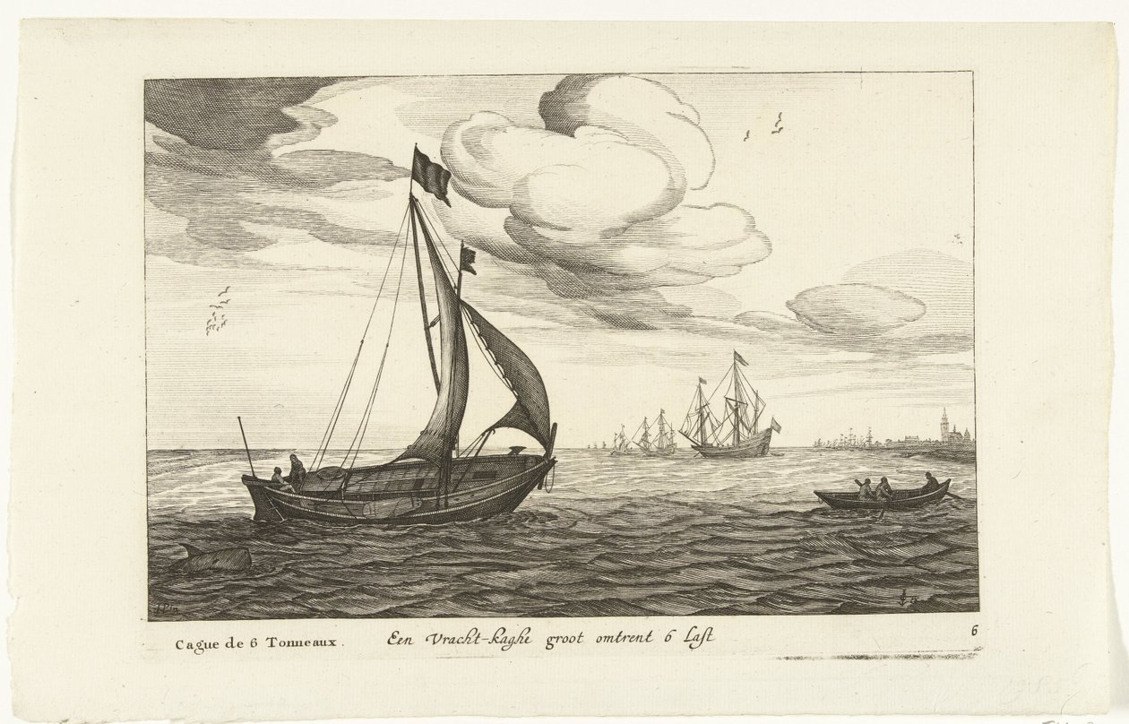 Vrachtkagen Een Vracht-kaghe groot o 6 Last / Cague de 6 Tonneaux (tytuł na obiekcie) Hollandse scheepstypen, 1627 (tytuł serii) Różne statki Don ton se sert dans les United Provinces / Ikony różnych holenderskich statków, których użycie dotyczy głównie autorstwa Robert de Baudous (possibly)