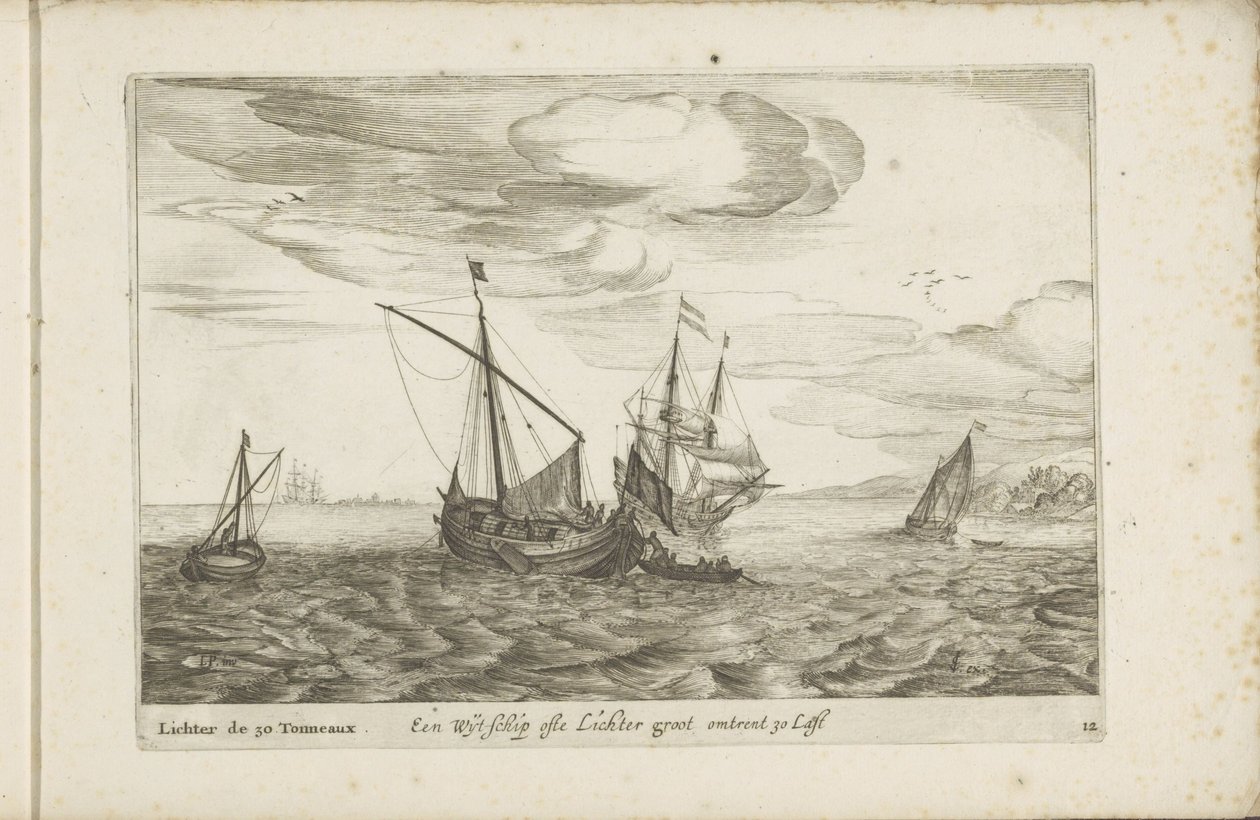 Wijdschip lichter Een Wyt-schip ofte Lichter groot około 30 Last / Lichter de 30 Tonneaux (tytuł na obiekcie) Różnorodne statki nie pływają na se sert dans les Provinces Unies autorstwa Robert de Baudous (possibly)
