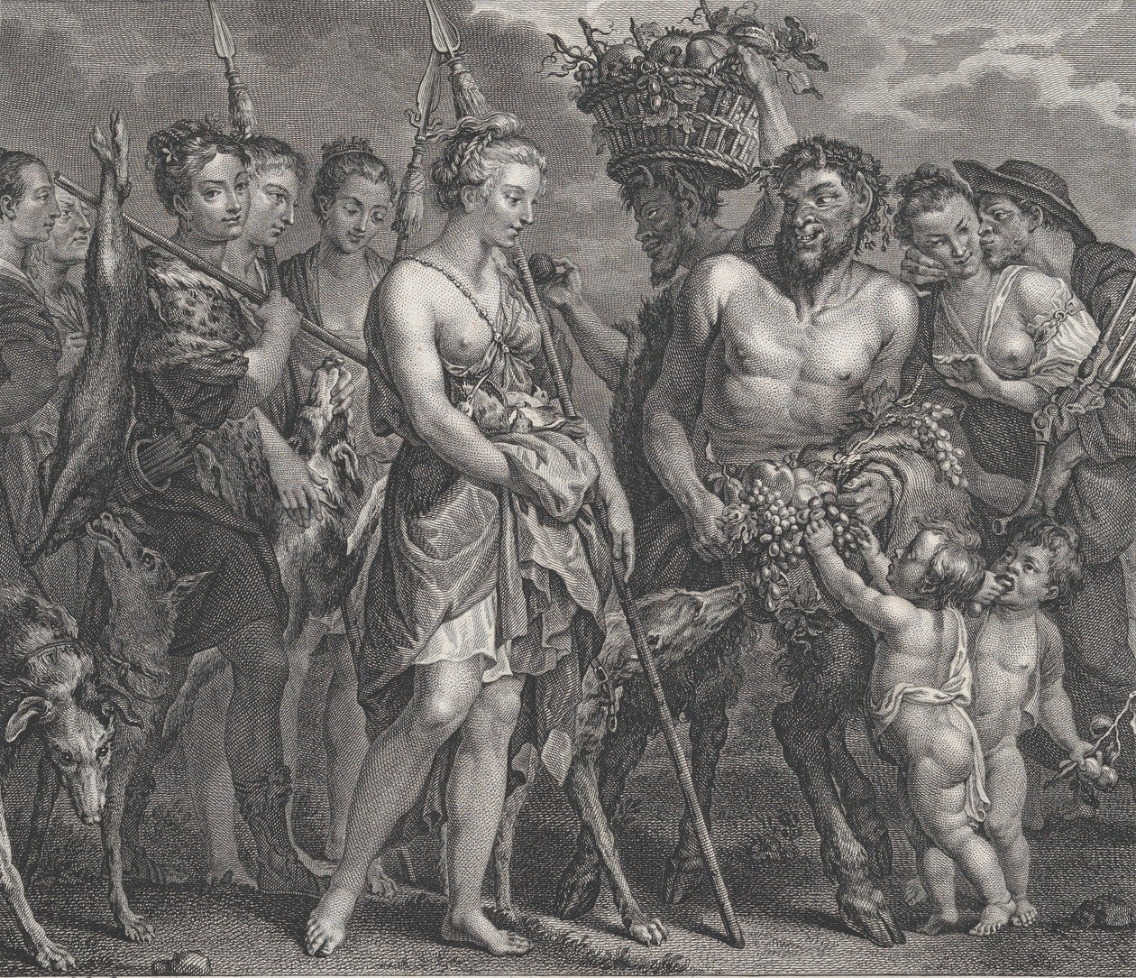 Diana wracająca z pościgu, w towarzystwie psów i jej nimf po lewej stronie, dwóch satyrów..., ca. 1808 autorstwa Robert de Launay